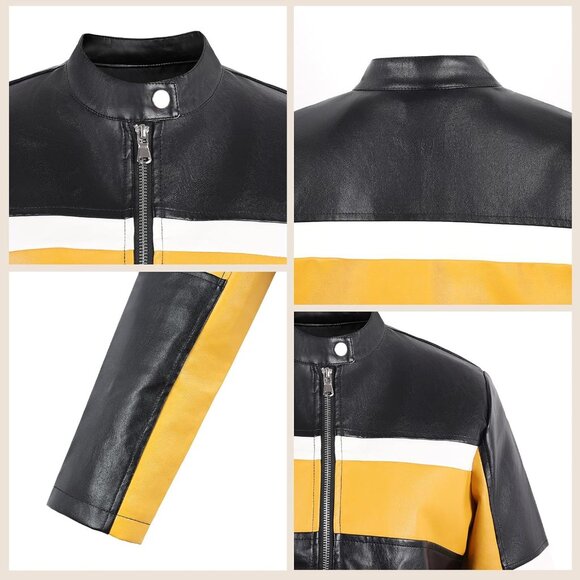 Women Cropped Faux Leather Jacket Moto Biker Bomber Jackets Zip Up Black Yellow - Picture 4 of 7